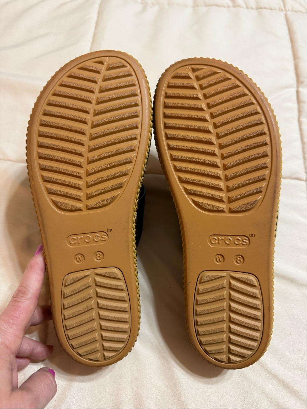 Crocs Two-Strap Platform Slide Sandals in Black and Tan - Picture 4 of 4